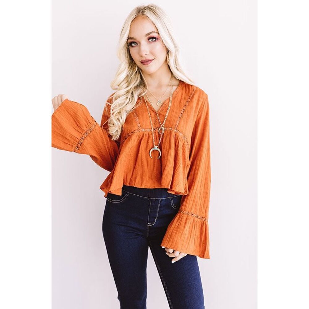 Loveriche Orange Peplum Lace Detail Flare Sleeve Top Size Large